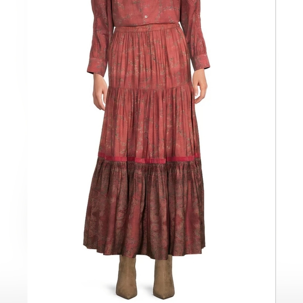 RO's GARDEN Frilly Wool‎ Baltistan Red Floral & Paisley Tiered Skirt